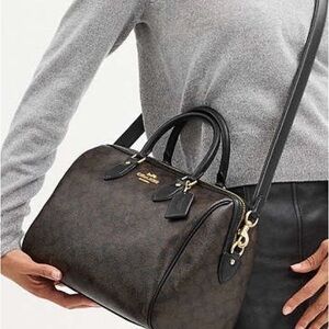 NWT Coach Rowan Large Satchel Brown Black Signature Canvas Crossbody CV959